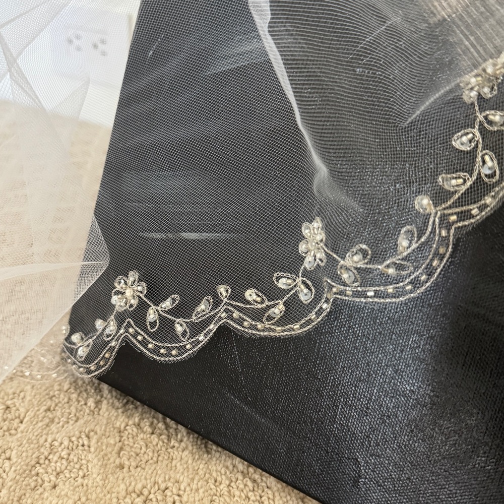 Cathedral length veil, embroidered, scalloped edges